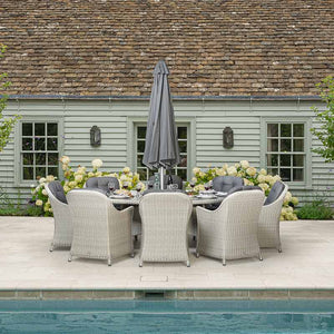 Bramblecrest Monterey 8 Seater Garden Dining Set in Dove Grey with Elliptical Table, Lazy Susan, Parasol & Base image 1