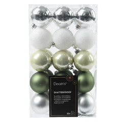 Decoris Shatterproof Baubles in White, Silver &amp; Green (Pack of 30) image 0