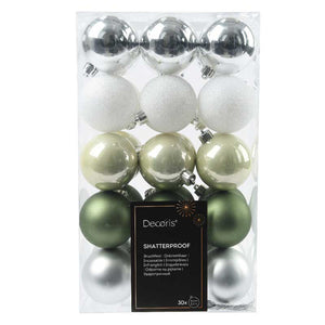 Decoris Shatterproof Baubles in White, Silver &amp; Green (Pack of 30) image 0