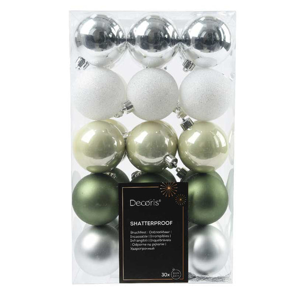 Decoris Shatterproof Baubles in White, Silver &amp; Green (Pack of 30) image 0