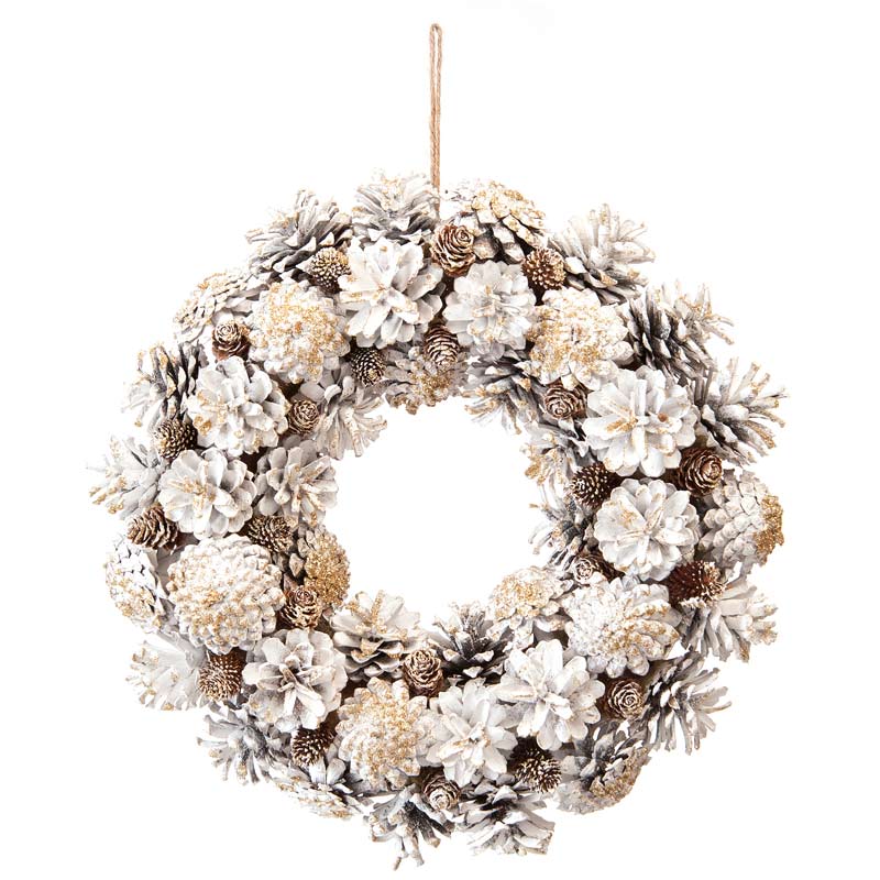 Festive White & Gold Pinecone Wreath image 0