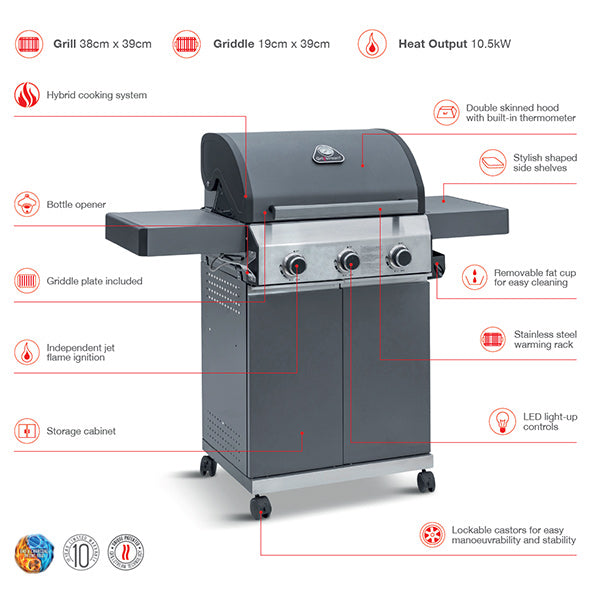 Grillstream Classic 3 Burner Hybrid Barbecue - Matt Grey image 8