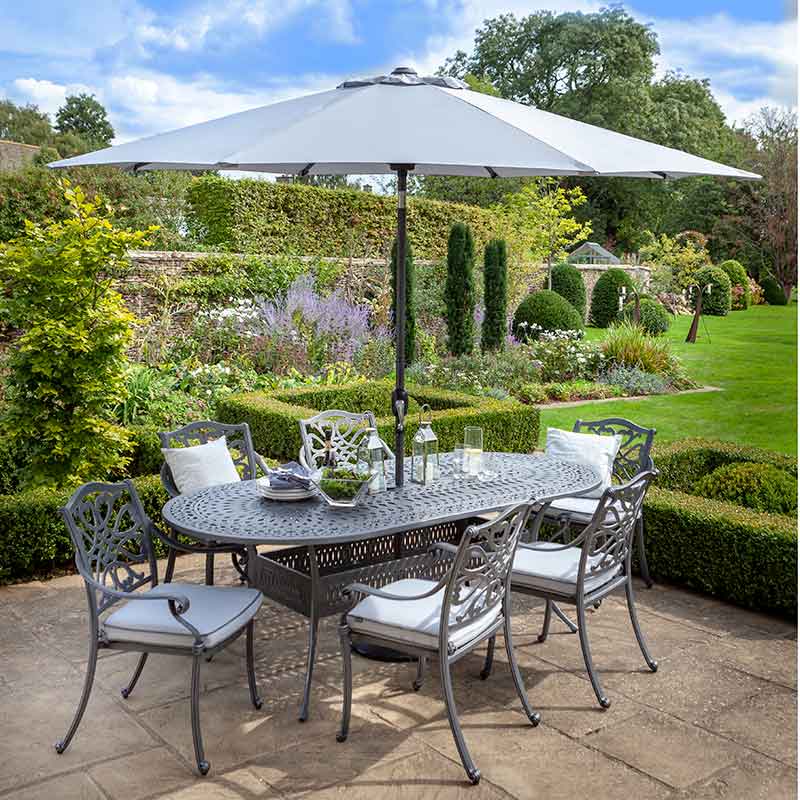 Hartman Capri 6 Seat Outdoor Dining Set in Antique Grey with Oval Table, Parasol & Base image 0