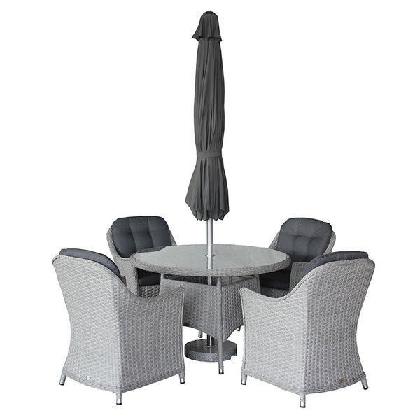 Bramblecrest Wentworth 4 Seat Garden Dining Set in Pewter Rattan with Round Table, 2.5m Crank Parasol & 15kg Base image 6