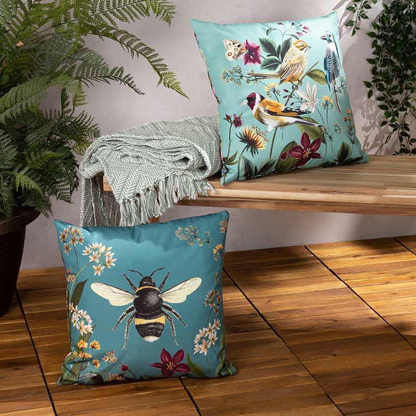 Wylder Midnight Garden Bird Aqua Outdoor Cushion, 43 x 43cm image 1