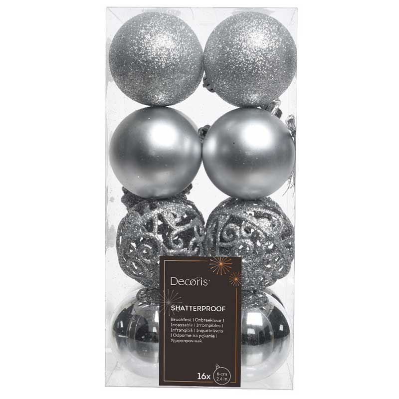 Decoris Shatterproof Bauble Mix in Silver (Pack of 16) image 0