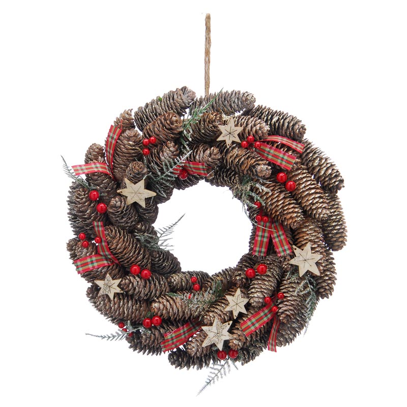 Festive Pinecone & Tartan Ribbon Wreath image 0