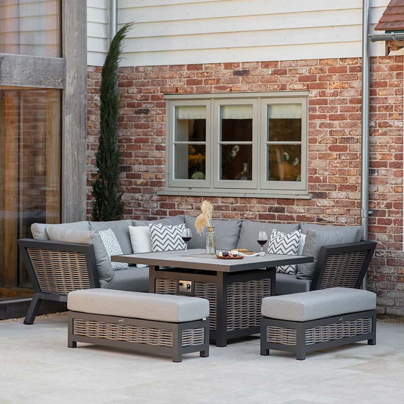 Bramblecrest Tuscan Corner Sofa Set with Square Firepit Table &amp; 2 Benches image 0