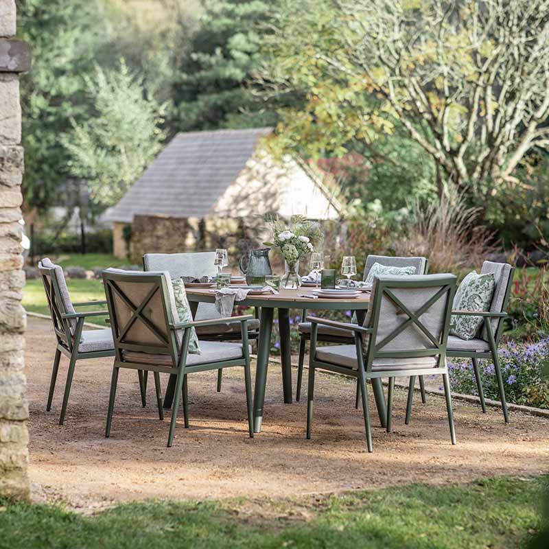 Bramblecrest RHS Wisley 6 Seat Elliptical Garden Dining Set in Sage with Parasol &amp; Base image 0