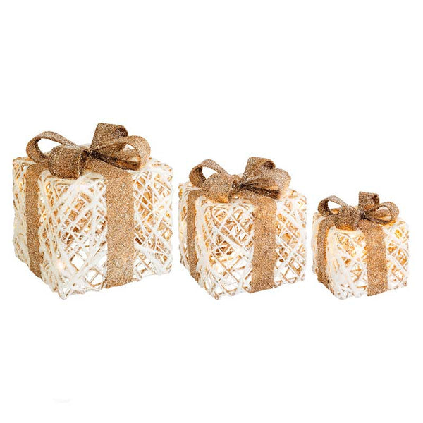 Lumineo LED Battery-Operated Rattan Giftboxes (Set of 3) - White &amp; Gold Glitter Rattan image