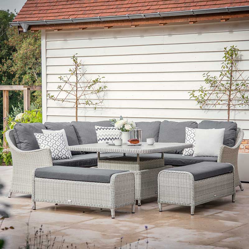 Bramblecrest Monterey Curved Corner Sofa Set in Dove Grey with Square Dual Height Table &amp; 2 Benches image 0