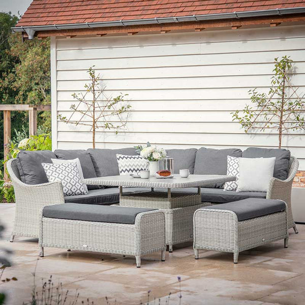 Bramblecrest Monterey Curved Corner Sofa Set in Dove Grey with Square Dual Height Table &amp; 2 Benches image 0