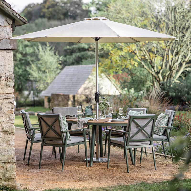Bramblecrest RHS Wisley 6 Seat Elliptical Garden Dining Set in Sage with Parasol &amp; Base image 0