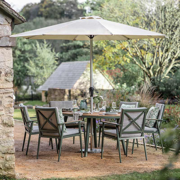Bramblecrest RHS Wisley 6 Seat Elliptical Garden Dining Set in Sage with Parasol &amp; Base image 0