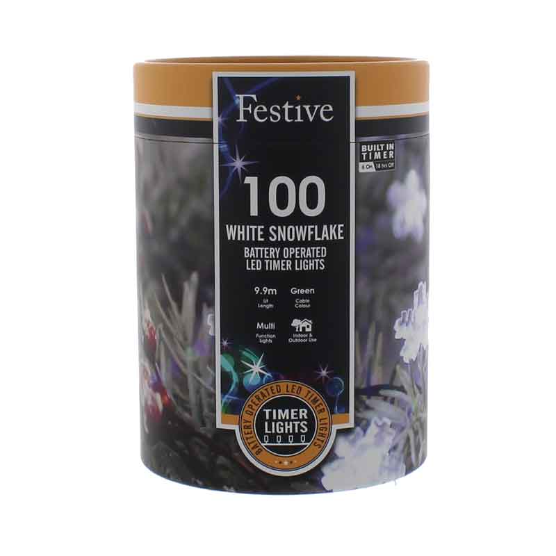 Festive 100 White Snowflake LED String Lights with Timer image 0