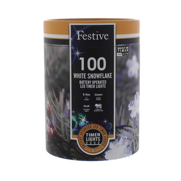 Festive 100 White Snowflake LED String Lights with Timer image 1