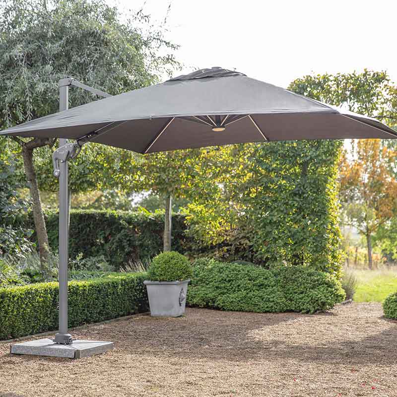 Bramblecrest Truro 3 x 3 m Square Cantilever Parasol in Grey with LED, Granite Base & Cover