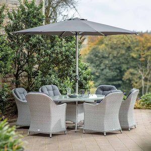 Bramblecrest Wentworth 6 Seat Garden Dining Set in Pewter Rattan with Elliptical Table, 3m Crank Parasol & 15kg Base