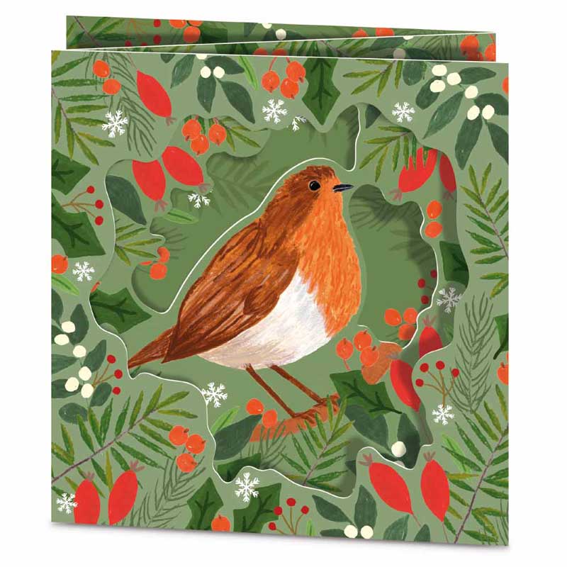 Robin With Leaves & Berries Premium Christmas Cards (Pack of 5)