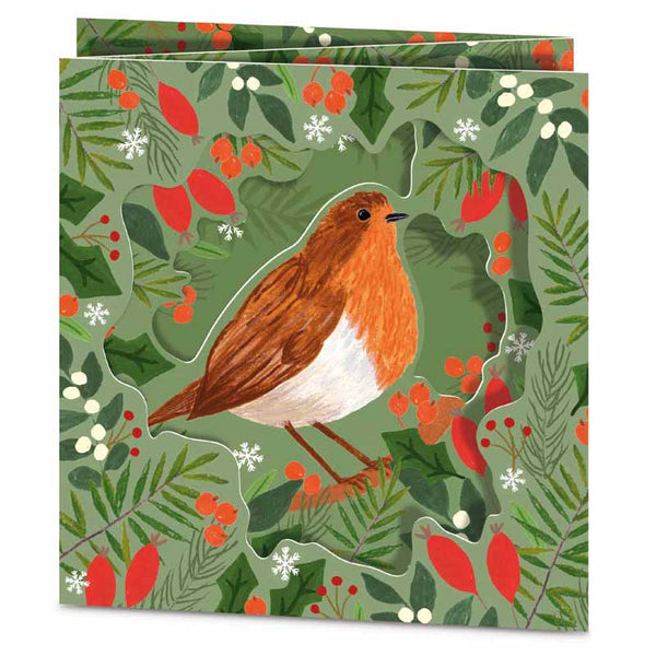 Robin With Leaves & Berries Premium Christmas Cards (Pack of 5)