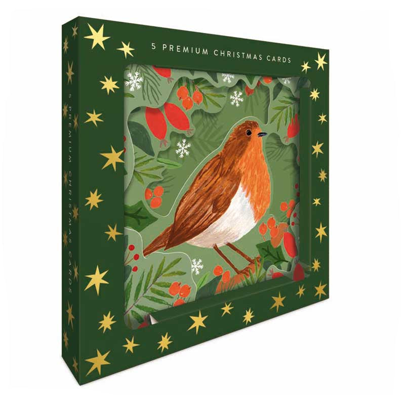 Robin With Leaves & Berries Premium Christmas Cards (Pack of 5)