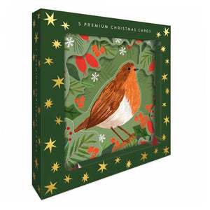 Robin With Leaves & Berries Premium Christmas Cards (Pack of 5)