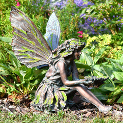 Home & Garden UK Sitting Fairy Garden Statue with Green Flock image 0