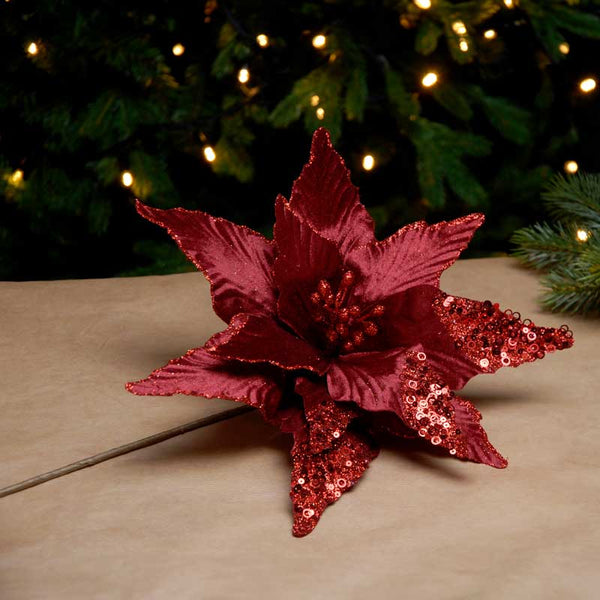 Festive Burgundy Glitter Poinsettia Stem (60cm) image 0