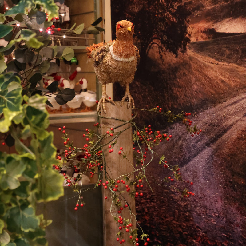 A decorative bird figurine or plush perched on a wooden post, surrounded by red berries and green foliage, with a rustic outdoor scene backdrop.