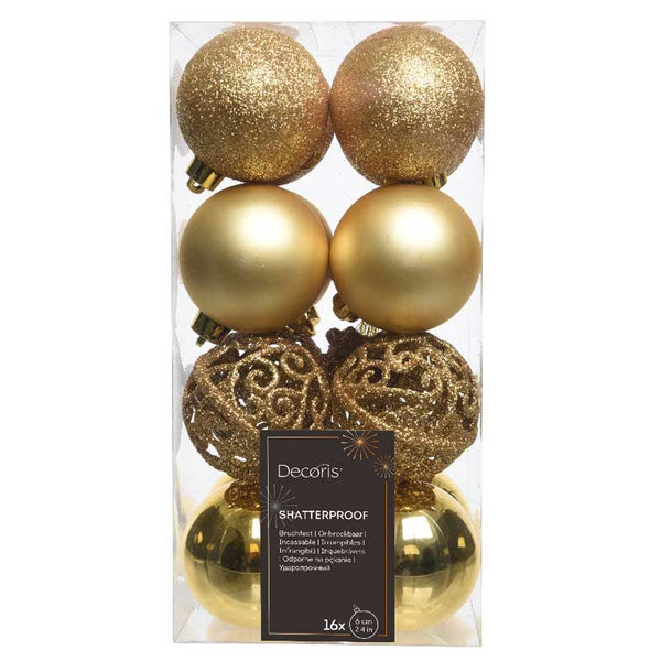 Decoris Shatterproof Bauble Mix in Light Gold (Pack of 16) image 0