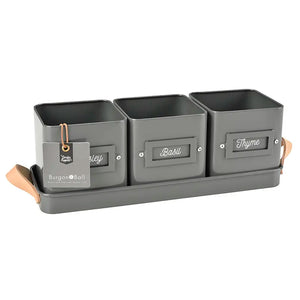 Burgon & Ball 3 Herb Pots in a Leather Handled Tray - Charcoal image