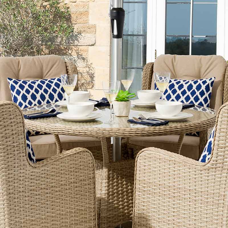 Bramblecrest Somerford 4 Seat Round Garden Dining Set in Sandstone Rattan with Parasol &amp; Base image 0