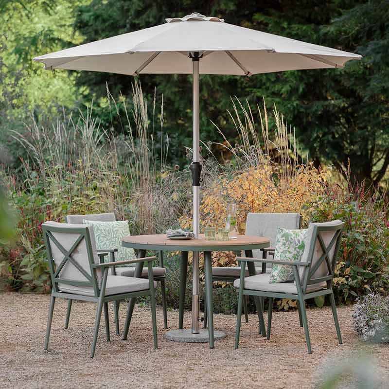 Bramblecrest RHS Wisley 4 Seat Round Dining Set in Sage with Parasol &amp; Base image 0