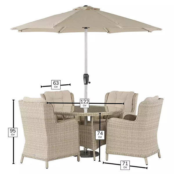 Bramblecrest Chedworth 4 Seat Garden Dining Set in Sandstone with Round Table, Parasol &amp; Base image 5