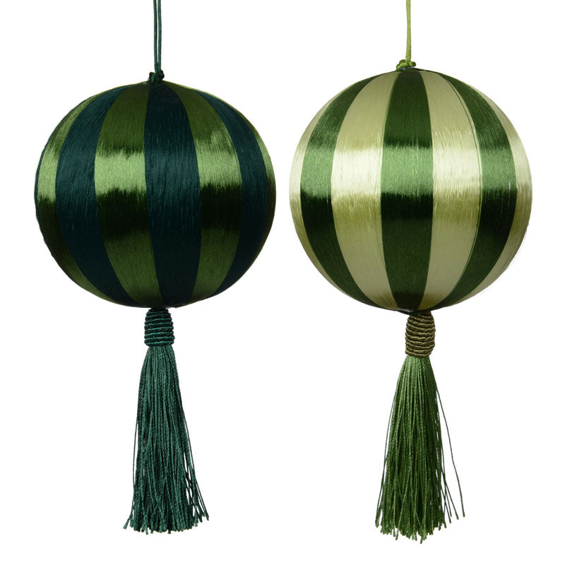 Decoris Silk Stripe Foam Bauble with Tassel in Green (Assorted Designs)