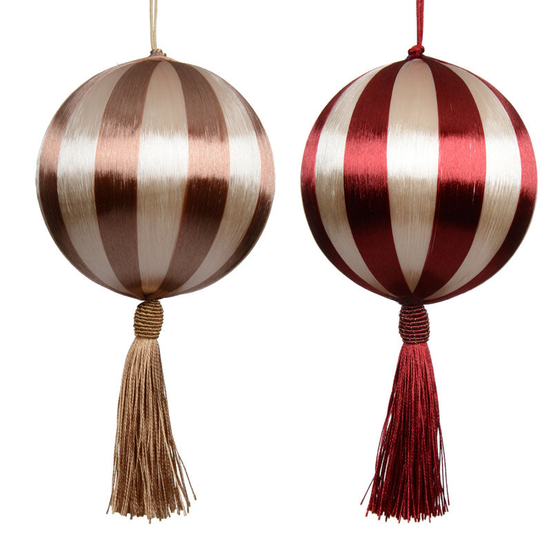 Decoris Silk Stripe Foam Bauble with Tassel in Red / Brown (Assorted Designs)