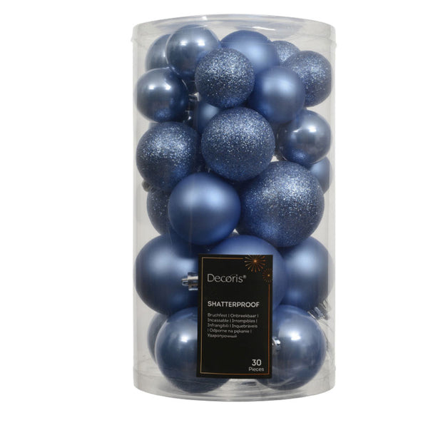 Decoris Shatterproof Baubles in Sky Blue (Pack of 30)