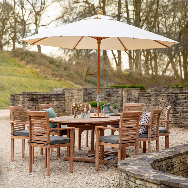 Bramblecrest Richmond 8 Seat Wooden Dining Set with Extending Oval Table, Parasol & Base image 0