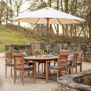Bramblecrest Richmond 8 Seat Wooden Dining Set with Extending Oval Table, Parasol & Base image 0
