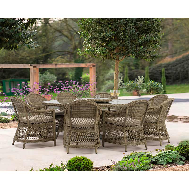 Bramblecrest RHS Rosemoor Rattan 8 Seat Elliptical Outdoor Dining Set with Lazy Susan, 3m Parasol &amp; Base image 0