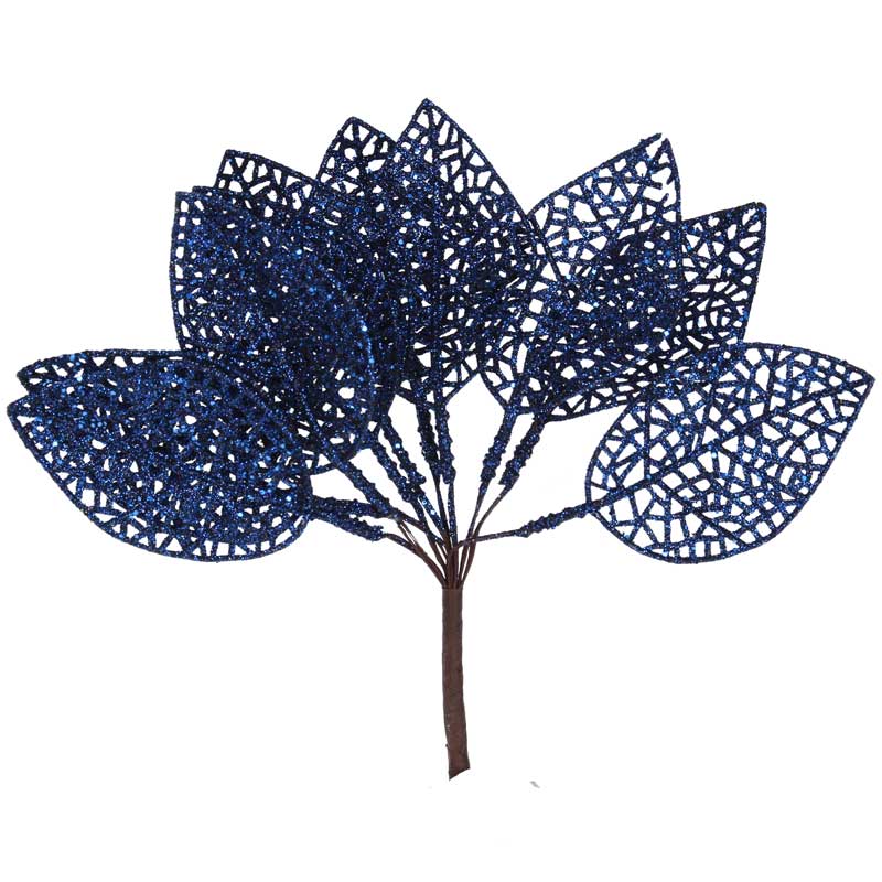 Gisela Graham Blue Glitter Leaves Pick image 0