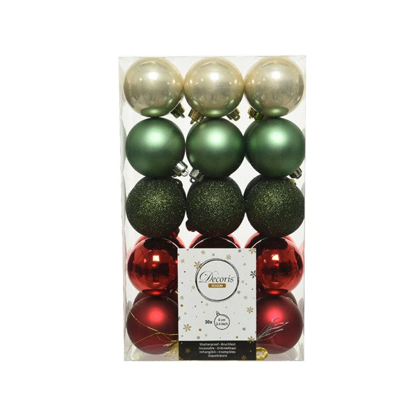 Decoris Shatterproof Baubles in Green & Red (Pack of 30) image 0