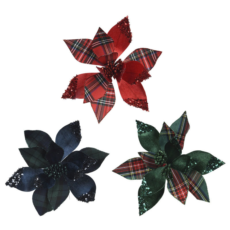 Everlands Shimmering Plaid Poinsettia Clip (Assorted Designs)