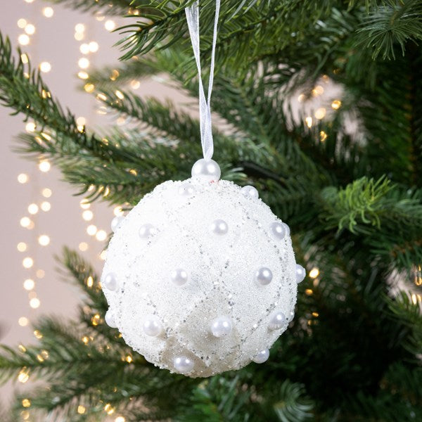 Decoris Foam Bauble with Glitter & Pearls in White image 0