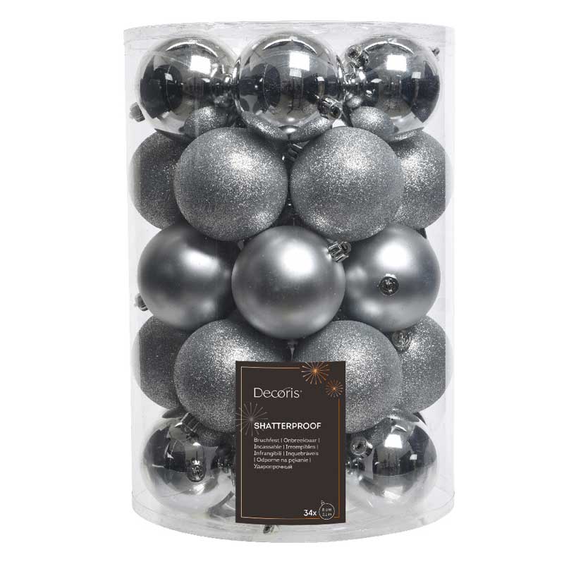 Decoris Shatterproof Baubles in Silver (Pack of 34) image 0