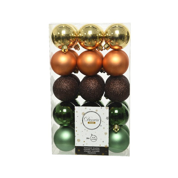Decoris Shatterproof Baubles in Green, Brown & Gold (Pack of 30) image 0