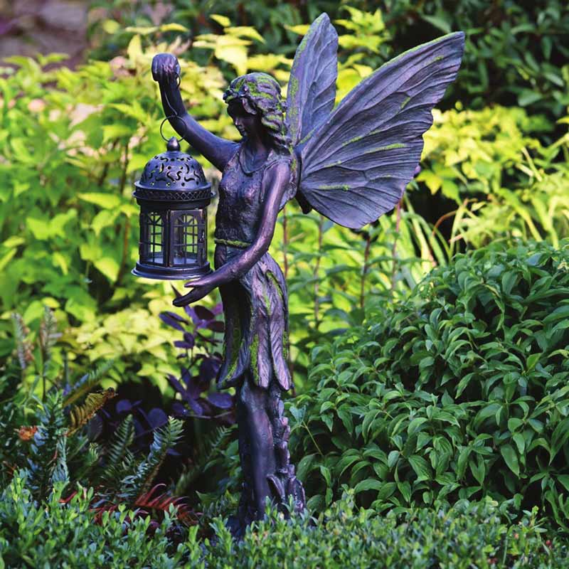 Home & Garden UK Fairy Statue with Lantern & Green Flock image 0