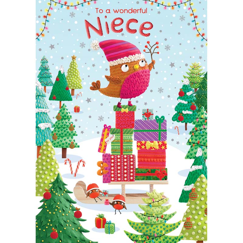 Paper Rose Niece Robin with Presents Christmas Card image 0