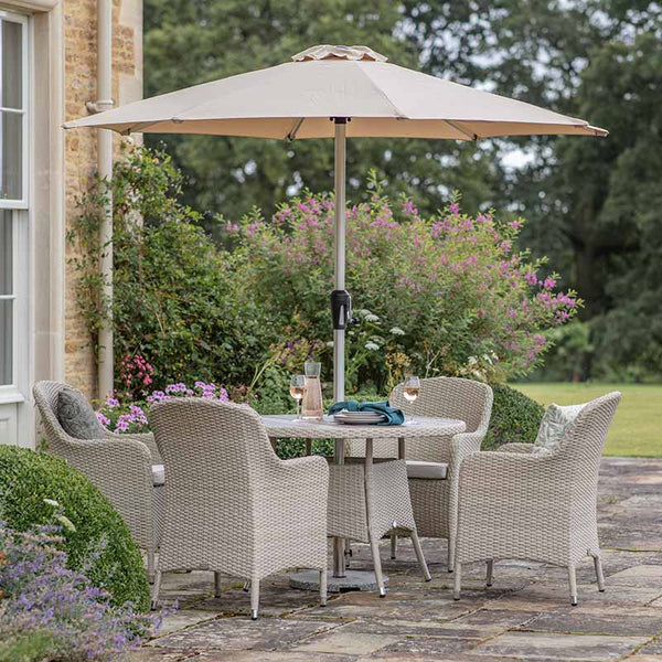 Bramblecrest Tetbury 4 Seat Round Outdoor Dining Set in Nutmeg Weave with Parasol & Base image 0