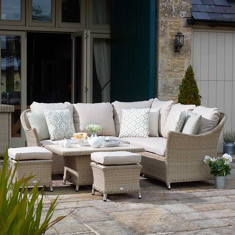 Bramblecrest Monterey Mini Corner Sofa Set in Sandstone Rattan with Dual Height Table image 0
